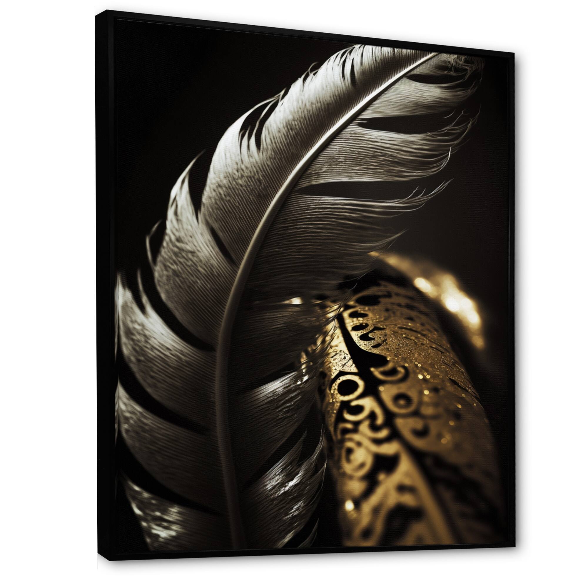Designart "Silver Boho Chic Feather " Fashion Framed Canvas Wall Art